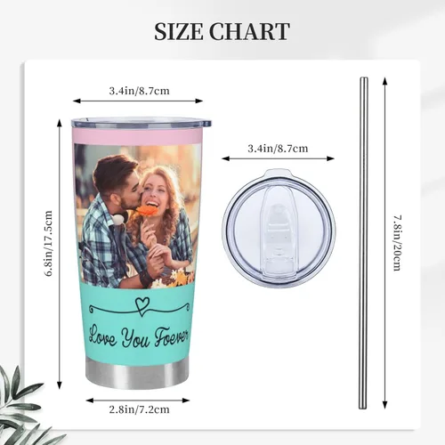 Vista 4 de Vasos personalizados con tapas y pajitas de 20 onzas, taza de café de acero inoxidable con foto personalizada con nombre, texto, taza de café