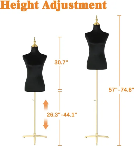 Vista 7 de Modista maniquí femenino: torso de medio cuerpo con altura ajustable, terciopelo corto negro esponjoso, base de metal dorado