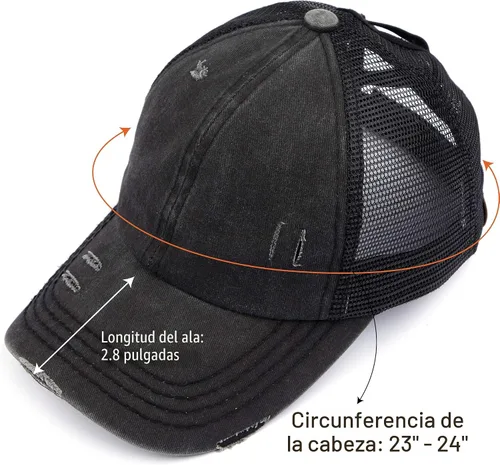 Vista 4 de C.C Gorra de béisbol de malla con diseño de estrella brillante, gorra de camionero ajustable para moño o cola de caballo Una banda elástica-negro