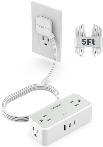 Vista 17 de Cable de extensión plano de 5 pies, TESSAN Regleta de protección contra sobretensiones con 4 tomas de CA ampliamente espaciadas, protección contra