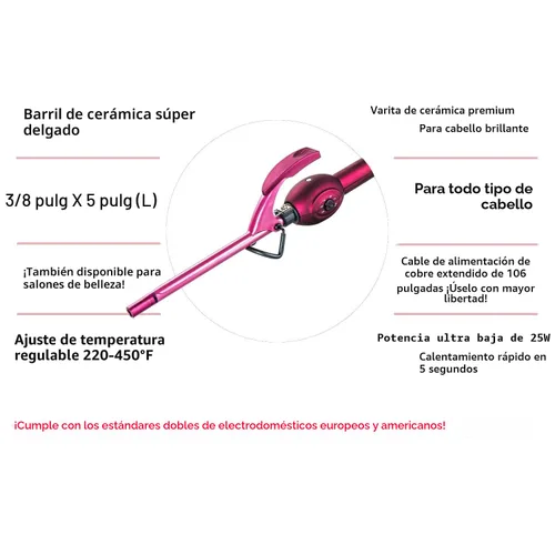 Vista 3 de MBHAIR - Rizador de cabello de 9 mm con varita delgada, rizador pequeño de 3/8 pulgadas de barril delgado de cerámica Super Tourmaline profesional