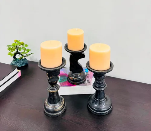 Vista 5 de Portavelas de madera negros para velas de pilar, portavelas de madera de granja, decoración de centro de mesa, portavelas con forma de piezas