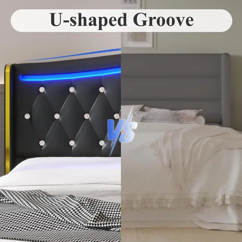 Vista 10 de E-Motie Base de cama tamaño completo con cabecera tipo wingback, plataforma tapizada con luces LED RGB, estación de carga, 4 cajones