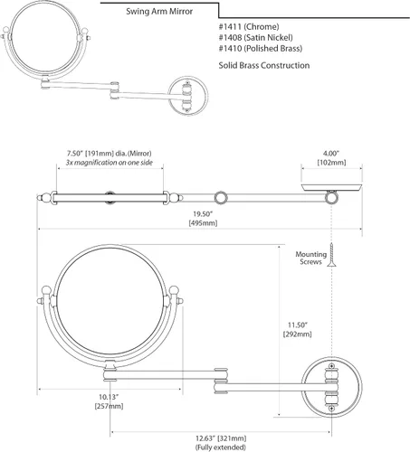 Vista 3 de Gatco Espejo de montaje en pared 1410 con extensión de brazo oscilante de 14 pulgadas, latón