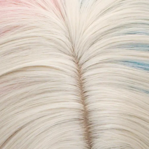 Vista 6 de Peluca rubia rizada de cosplay para mujer, peluca larga con raya media azul y rosa, disfraz de Halloween