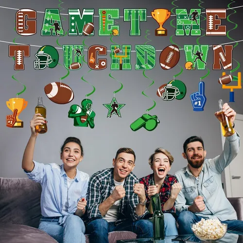 Vista 5 de Decoraciones de remolinos colgantes de fútbol americano, suministros de pancarta de cumpleaños que incluyen banderines de tiempo de juego, espirales