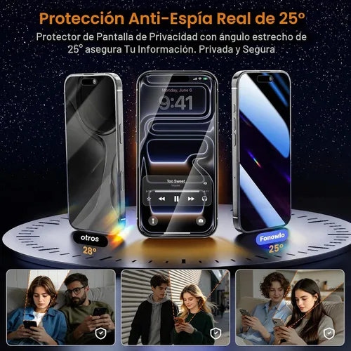 Vista 2 de Protector de pantalla de privacidad antiespía de 25° para iPhone 16 Pro de 6.3 pulgadas, paquete de 3 con kit de alineación automática, dureza 9H