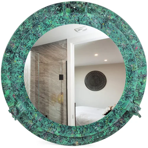 Vista 2 de Espejo de ojo de buey de aluminio de 17 pulgadas con acabado verde antiguo - Decoración náutica