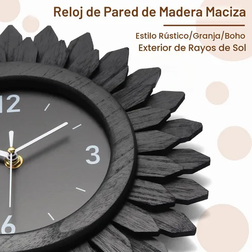 Vista 4 de Honiway Reloj de Pared a Batería de 12 Pulgadas de Madera Rústica Bohemio Sunburst Decorativo Reloj de Pared Silencioso Sin Tictac Negro Relojes
