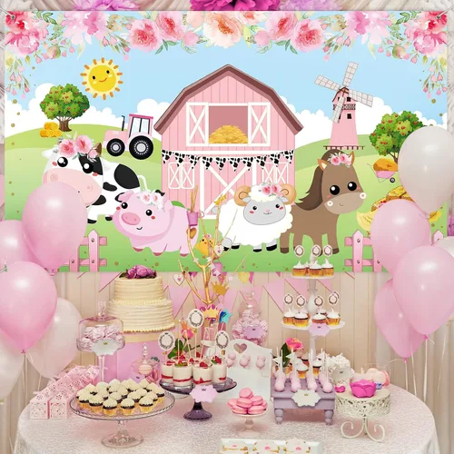 Vista 6 de Tatuo Pancarta de fondo de decoración de cumpleaños de granja rosa, tamaño grande, 3.6 x 6 pies, pancarta de fondo de animales de granero para baby