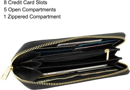 Vista 6 de Fioretta Cartera italiana de cuero genuino para mujer, organizador de tarjetas de crédito con cremallera alrededor, Negro -, Cartera con cremallera