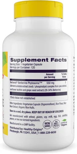 Vista 2 de Healthy Origins Fitosoma de berberina 550 mg, 120 cápsulas vegetales - Extracto de Berberis Aristata biodisponible - Apoya la salud metabólica