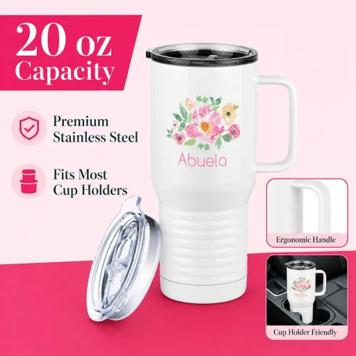 Vista 6 de Just So Posh Abuela Flowers Tumbler, Vaso de Café de Viaje con Asa y Tapa Deslizante, Blanco 20 oz Polar Camel, Acero Inoxidable, Aislado al Vacío