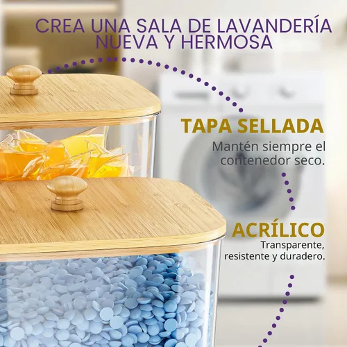 Vista 4 de Moforoco Paquete de 2+1 contenedor de bambú para lavandería, contenedores transparentes para organización de lavandería, recipientes grandes