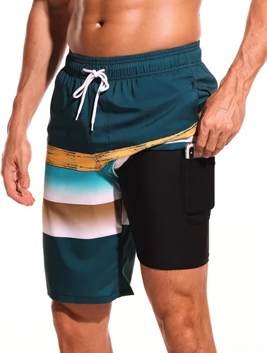 Vista 9 de Difficort - Traje de baño para hombre con forro de compresión, pantalones cortos de secado rápido con bolsillos con cremallera 1-a/ Rayas negras