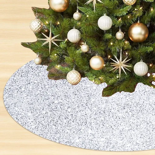 Vista 13 de Faldón para árbol de Navidad con lentejuelas doradas brillantes de 21 pulgadas, faldón de terciopelo con lentejuelas para árboles delgados, collar