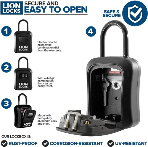 Vista 3 de Lion Locks Caja de seguridad para llaves, paquete de 6 unidades, color negro, solución segura para llaves con cerradura de combinación para hogares