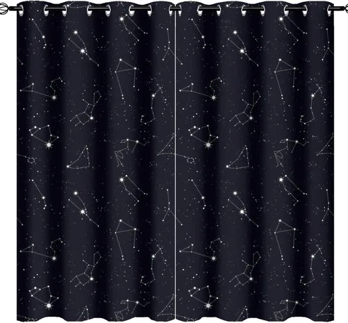 Vista 22 de Cortinas opacas de constelación para sala de estar, arte moderno abstracto, negro, galaxia, blanco, patrón de símbolo de constelación