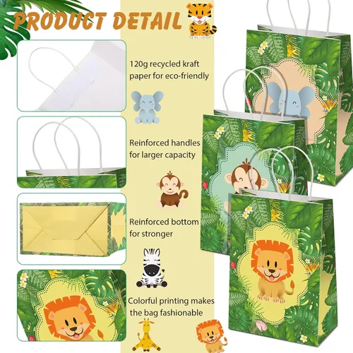 Vista 5 de Gersoniel 24 bolsas de regalos de safari, bolsas de recuerdos de fiesta de selva de safari con asas para niños, bolsas de regalo de cumpleaños