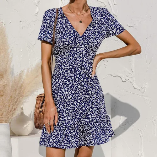 Vista 2 de CAIfnv Zincoty Womens Sexy Floral Print Flowy Swing Mini Dresses V Neck Short Sleeve Ruffles Bodycon A Line Club Prom Dress