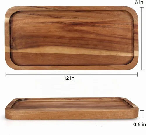 Vista 6 de 2 piezas de bandejas rectangulares de madera para alimentos, bandeja decorativa pequeña para servir, bandeja larga de charcutería, bandejas