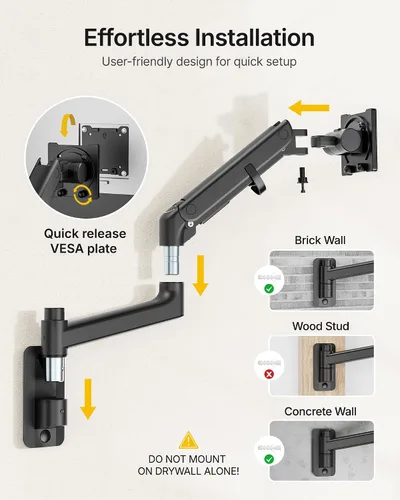 Vista 5 de monTEK Soporte de pared para monitor para pantallas ultraanchas de 17-57" hasta 59.4 libras, brazo de monitor individual de resorte de gas