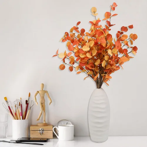 Vista 2 de HomeKaren Tallos de otoño, 6 piezas de hojas de otoño artificiales de eucalipto de 27.5 pulgadas, palillos florales de otoño, decoración de ramas