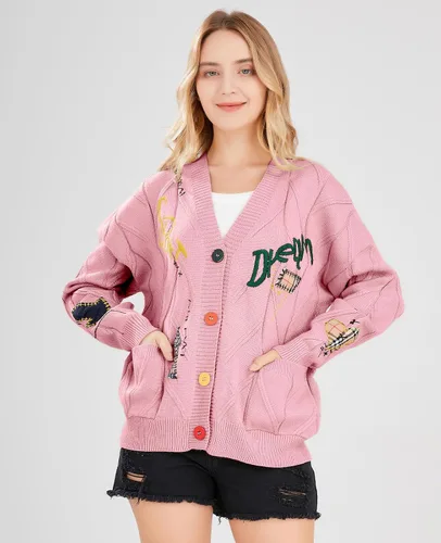 Vista 2 de Cárdigan de punto trenzado para mujer, manga larga, frente abierto, con cuello en V, con botones, bordado de mezcla de lana, abrigo para exteriores