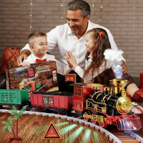 Vista 6 de Juegos de trenes navideños para alrededor del árbol, juego de tren eléctrico para niños de 4 a 8 años con sonidos, luces y humo, juego de tren