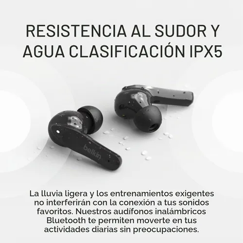 Vista 5 de [Usado] Belkin SOUNDFORM Move - Auriculares inalámbricos Bluetooth con controles táctiles, certificación IPX5, resistentes al sudor y al agua