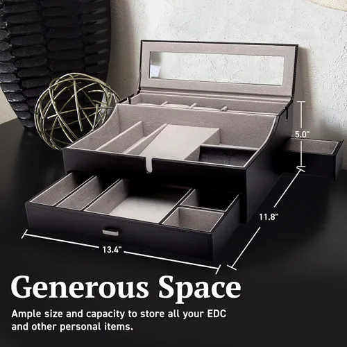 Vista 7 de Organizador de caja de valet para hombre, bandeja de valet grande de cuero para hombres, organizador de bandeja de valet para hombre con estación