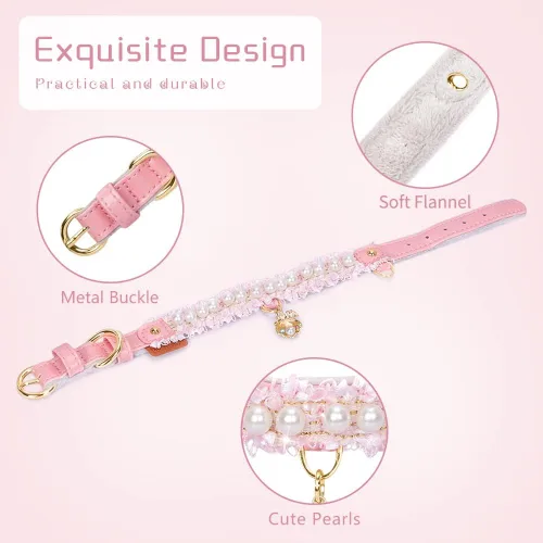 Vista 10 de Collar Premium de Cuero PU para Gato y Perro con Colgante de Concha - Ajustable, Perla Linda, Encaje Hermoso, Rosa Pequeña