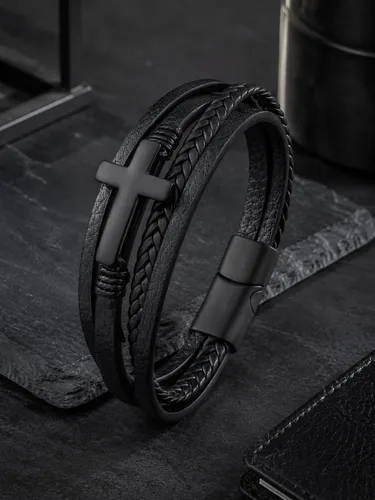 Vista 2 de Pulsera cruzada de cuero Mrcaois para hombre, trenzada de múltiples capas con cierre de acero inoxidable - Regalos cristianos religiosos para él
