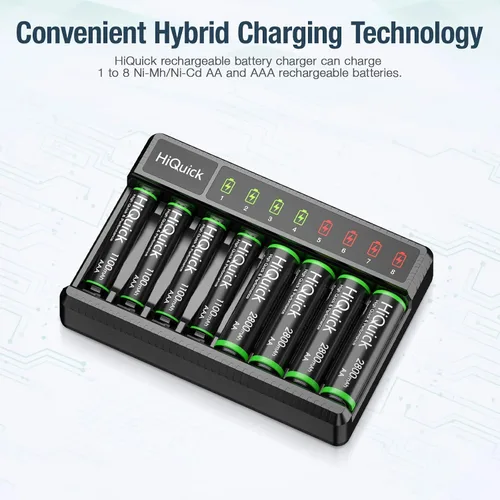 Vista 2 de HiQuick Cargador de batería inteligente de 8 bahías con 8 pilas AA + 16 pilas recargables AA
