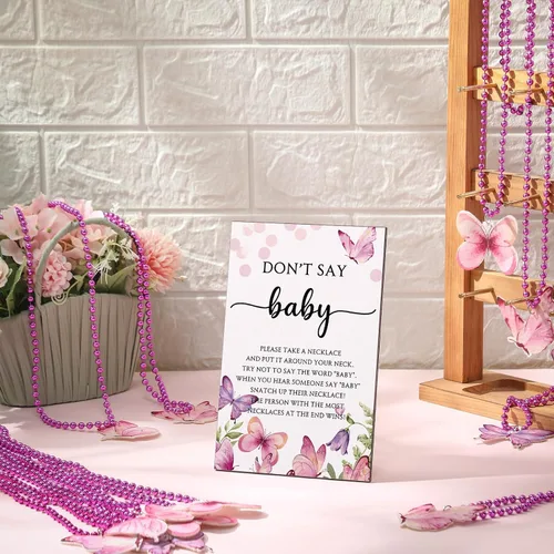 Vista 5 de Roowest 51 No Digas Juego de Baby Shower Mariposa Decoraciones de Baby Shower Incluídas Juego de Mariposa Letrero de Mesa de Madera 50 Collares