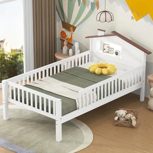 Vista 25 de VilroCaz Cama de plataforma de tamaño individual con barandilla y cabecera multifuncional, base de cama de plataforma de madera con 2 cajones