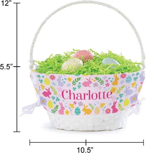 Vista 5 de Cesta de huevo de Pascua personalizada con diseño de flores de conejo con asa y nombre personalizado, forros de canasta de Pascua rosados, canasta