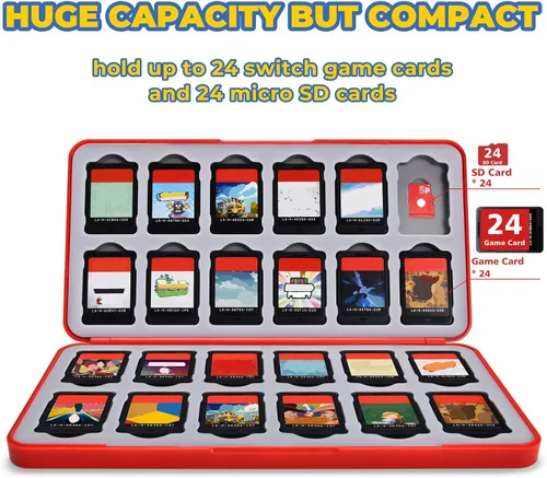 Vista 2 de FUNLAB - Funda de juego compatible con juegos Nintendo Switch y tarjetas Micro SD funda de cartucho con 24 tarjetas de juego color rojo Pokedex