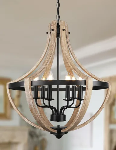 Vista 9 de Candelabro de 4 luces estilo granja para comedor, lámparas colgantes ajustables de madera vintage para isla de cocina, vestíbulo, entrada, zona