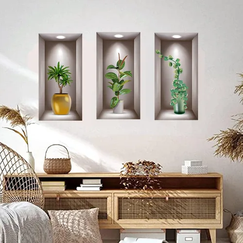 Vista 4 de Calcomanías de pared con plantas verdes 3D, 3 hojas de vinilo 3D removibles para pared, decoración de pared para sala de estar, oficina