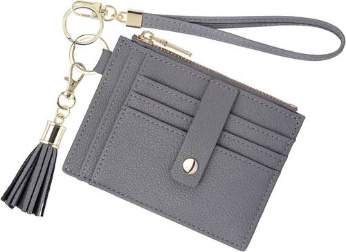 Vista 9 de Cartera con llavero para mujer, delgada, con bloqueo Rfid, tarjetero para tarjetas de crédito, cartera de identificación con cremallera, cartera