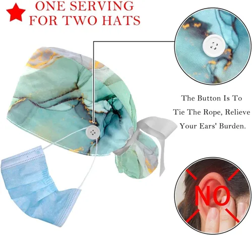 Vista 3 de DEYYA 2 paquetes de gorra de trabajo con botón para mujer, cabello largo, ajustable, vendaje elástico, con lazo en la espalda, gorras bouffant