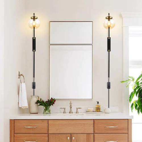 Vista 6 de ELEHINSER Juego de 2 apliques de pared negros con pantalla de globo, modernas lámparas de pared para interiores con enchufe con interruptor, luz