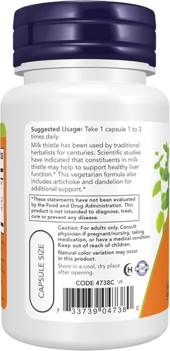Vista 3 de Suplementos NOW Foods, Extracto de Cardo de Leche de Silimarina 300 mg con Alcachofa y Diente de León, Doble Fuerza, Ayuda a la Función Hepática*