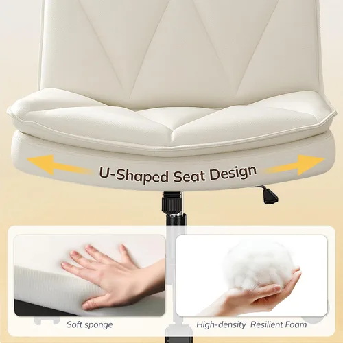 Vista 6 de DurayLoly Silla Criss Cross con Ruedas, Silla de Oficina con Patas Cruzadas con 2 Capas de Cuero Comfty & Back, Silla de Tocador Ancha sin Brazos