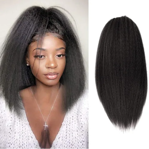 Vista 7 de Cola de caballo recta Yaki de 12 pulgadas con cordón para mujeres negras, sintética, gruesa, recta, longitud del hombro, extensión de cola
