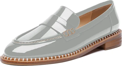 Vista 17 de FOGEENA Mocasines de tacón bajo para mujer, estilo casual, puntera redonda, de charol grueso, de 1 pulgada