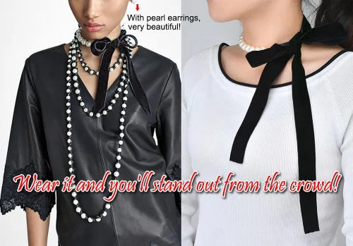 Vista 4 de AKOAK 1 paquete de collar de lazo negro vintage con lazo de perlas, longitud ajustable, elegante collar de joyería único, cadena de suéter