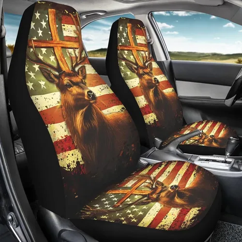 Vista 2 de LedBack Fundas universales de asiento de coche solo para asientos delanteros, bandera estadounidense, ciervos, 2 piezas, protector elástico