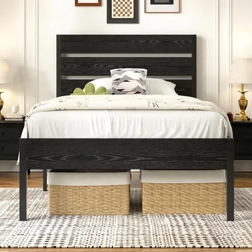Vista 19 de VECELO Base de cama tamaño individual, plataforma de metal resistente con cabecera de madera, no necesita somier, color marrón antiguo